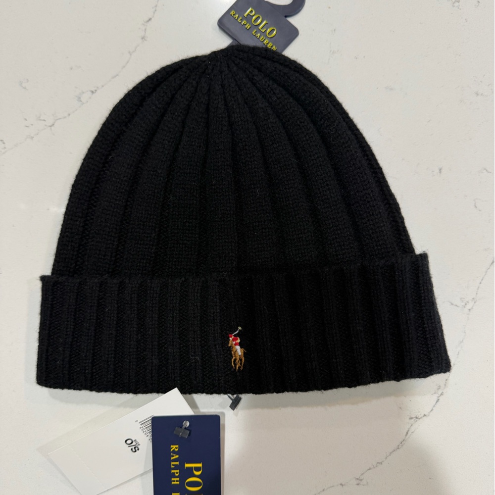 Polo by Ralph Lauren Black Ribbed Beanie, NWT, one size fits all